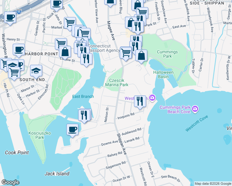 map of restaurants, bars, coffee shops, grocery stores, and more near 935 Shippan Avenue in Stamford