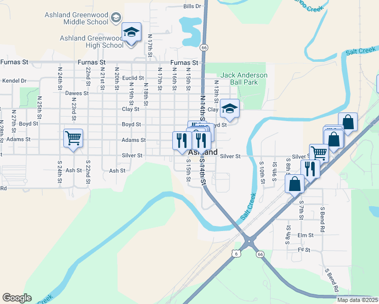 map of restaurants, bars, coffee shops, grocery stores, and more near 1442 Silver Street in Ashland