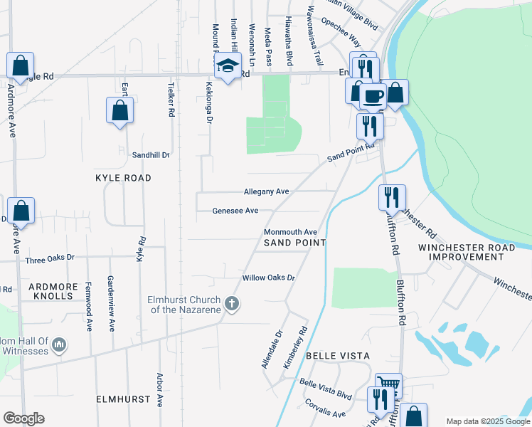 map of restaurants, bars, coffee shops, grocery stores, and more near 2707 Genessee Avenue in Fort Wayne