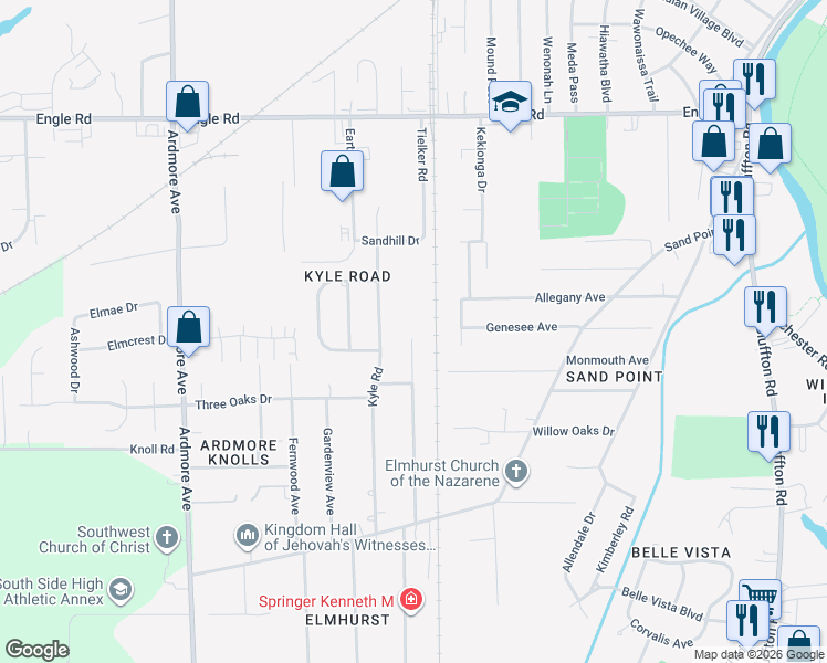 map of restaurants, bars, coffee shops, grocery stores, and more near 4806 Tyrone Road in Fort Wayne