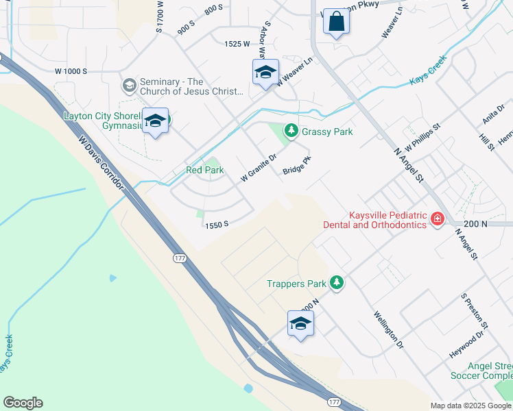 map of restaurants, bars, coffee shops, grocery stores, and more near 1441 Bridgeview Drive in Layton