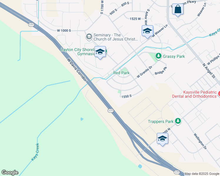 map of restaurants, bars, coffee shops, grocery stores, and more near 1424 South Pebblecreek Drive in Layton
