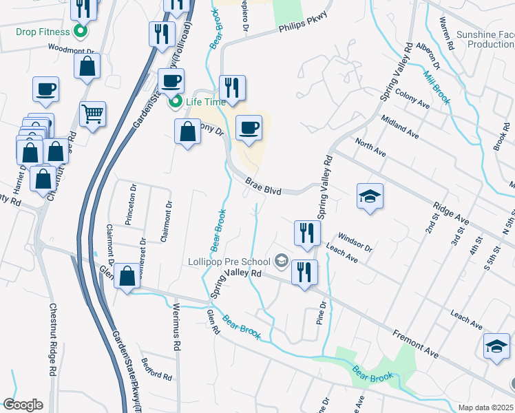 map of restaurants, bars, coffee shops, grocery stores, and more near 225 Brae Boulevard in Park Ridge
