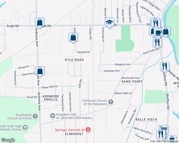 map of restaurants, bars, coffee shops, grocery stores, and more near 4806 Tyrone Road in Fort Wayne