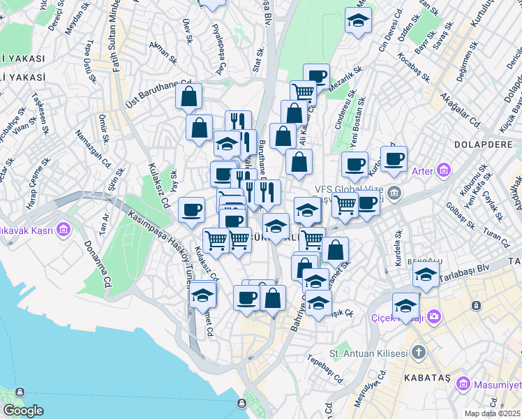map of restaurants, bars, coffee shops, grocery stores, and more near 14 Piyalepaşa Bulvarı in Beyoğlu