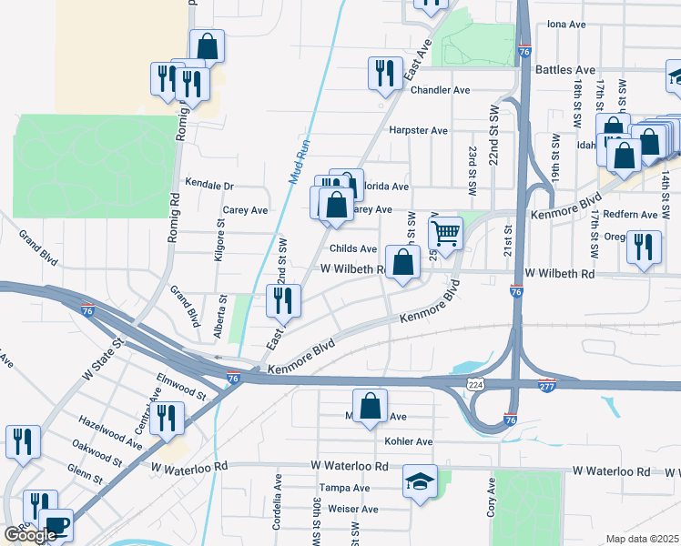 map of restaurants, bars, coffee shops, grocery stores, and more near 2365 East Avenue in Akron