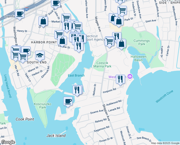 map of restaurants, bars, coffee shops, grocery stores, and more near 43 Harbor Drive in Stamford
