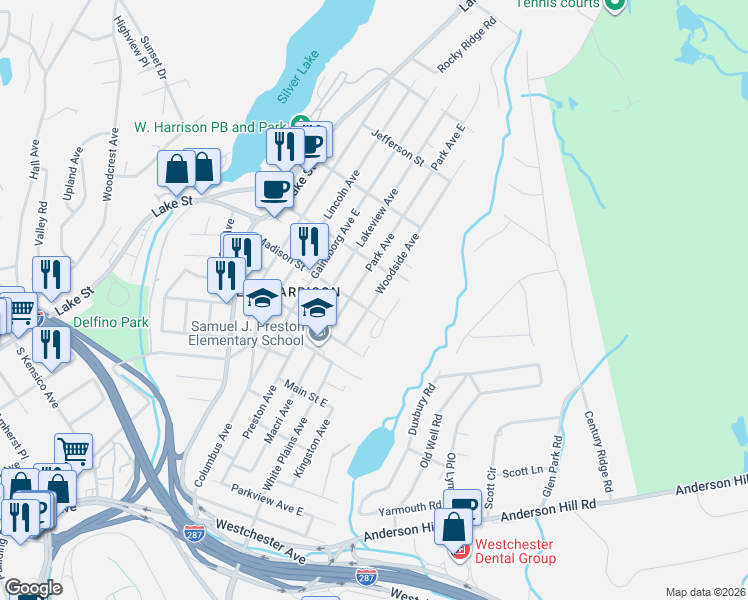 map of restaurants, bars, coffee shops, grocery stores, and more near 60 Park Avenue in Harrison