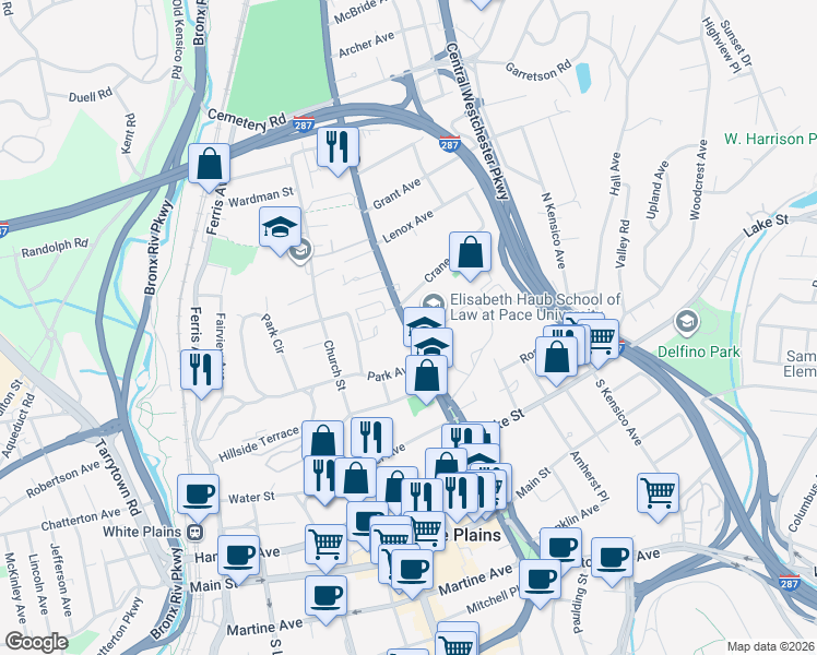 map of restaurants, bars, coffee shops, grocery stores, and more near 11 Crane Avenue in White Plains