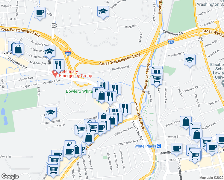 map of restaurants, bars, coffee shops, grocery stores, and more near 73 County Center Road in White Plains