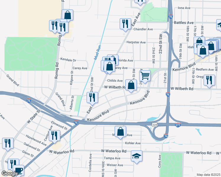 map of restaurants, bars, coffee shops, grocery stores, and more near 2365 East Avenue in Akron