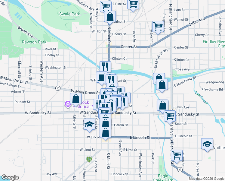 map of restaurants, bars, coffee shops, grocery stores, and more near 125 East Front Street in Findlay