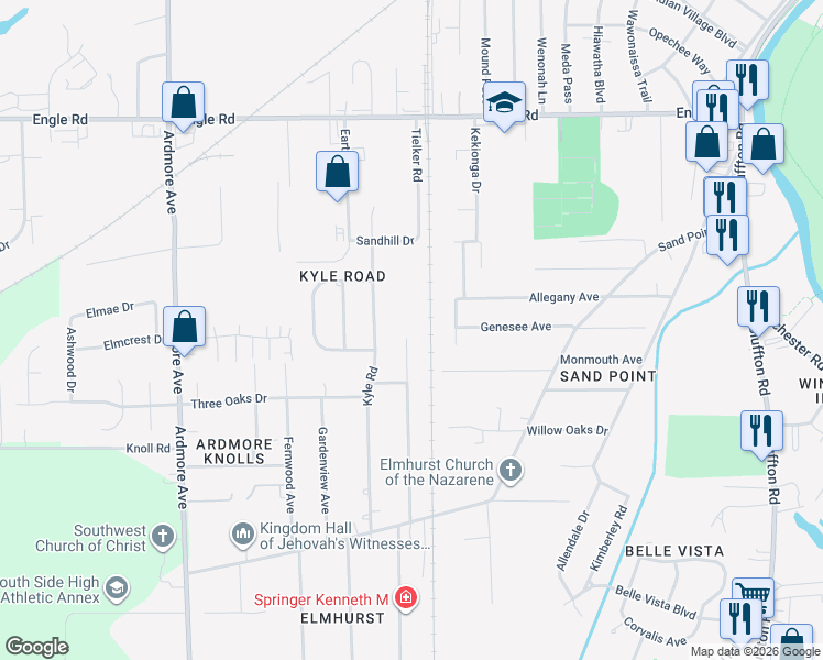 map of restaurants, bars, coffee shops, grocery stores, and more near 4806 Tyrone Road in Fort Wayne