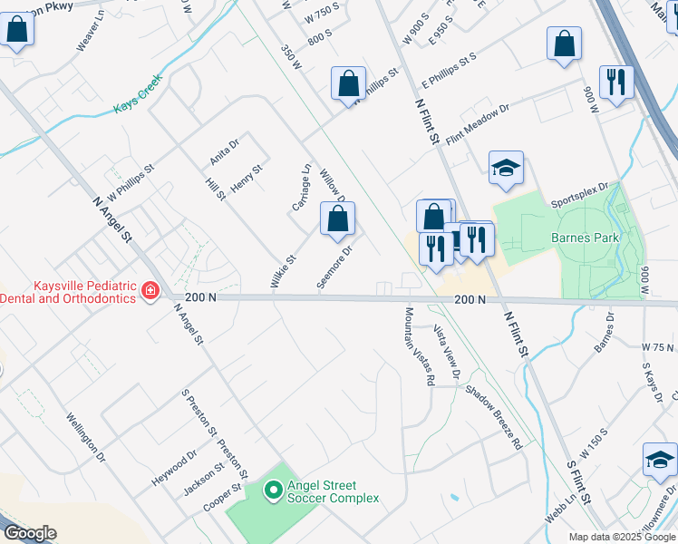 map of restaurants, bars, coffee shops, grocery stores, and more near 256 Seemore Drive in Kaysville