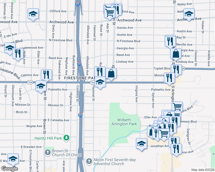 map of restaurants, bars, coffee shops, grocery stores, and more near 1445 Hammel Street in Akron
