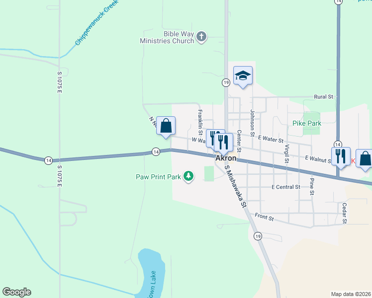 map of restaurants, bars, coffee shops, grocery stores, and more near 400-412 Walnut St in Akron
