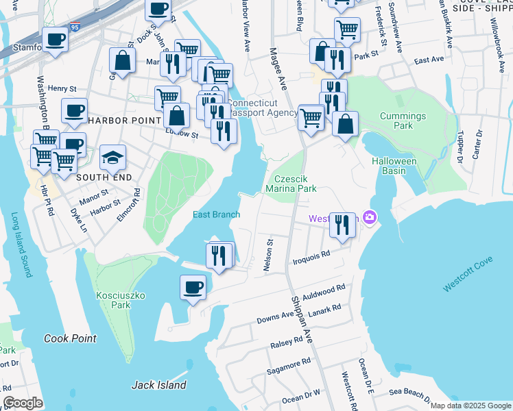 map of restaurants, bars, coffee shops, grocery stores, and more near 43 Harbor Drive in Stamford