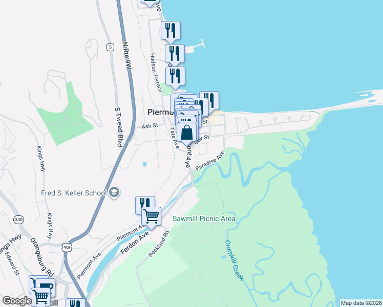 map of restaurants, bars, coffee shops, grocery stores, and more near 455 Piermont Avenue in Piermont