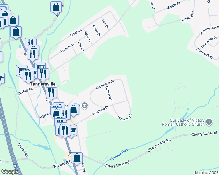 map of restaurants, bars, coffee shops, grocery stores, and more near 5528 Elmwood Drive in Tannersville