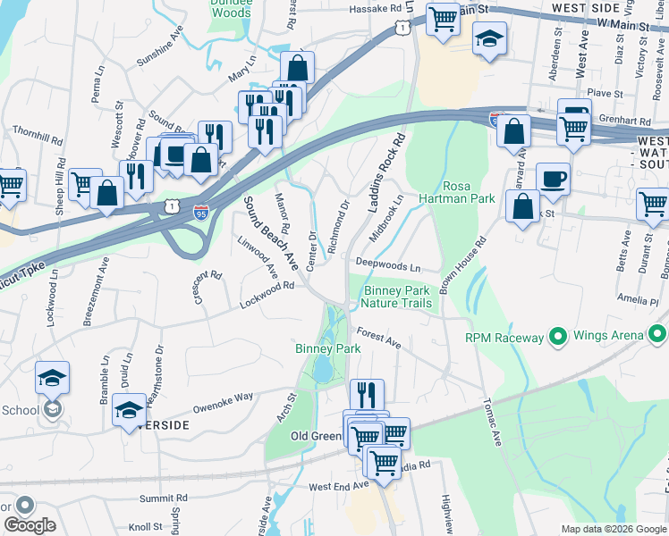 map of restaurants, bars, coffee shops, grocery stores, and more near 6 Richmond Drive in Greenwich