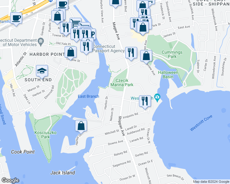 map of restaurants, bars, coffee shops, grocery stores, and more near in Stamford