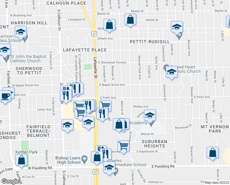 map of restaurants, bars, coffee shops, grocery stores, and more near 4827 Warsaw Street in Fort Wayne