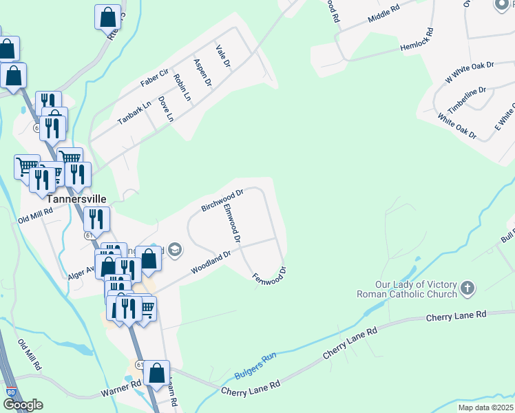 map of restaurants, bars, coffee shops, grocery stores, and more near 5302 Birchwood Drive in Tannersville