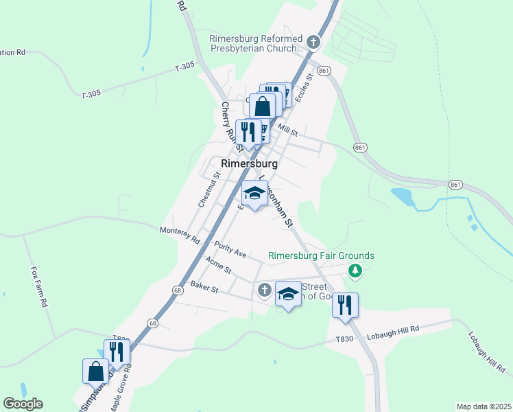 map of restaurants, bars, coffee shops, grocery stores, and more near 88 School Street in Rimersburg