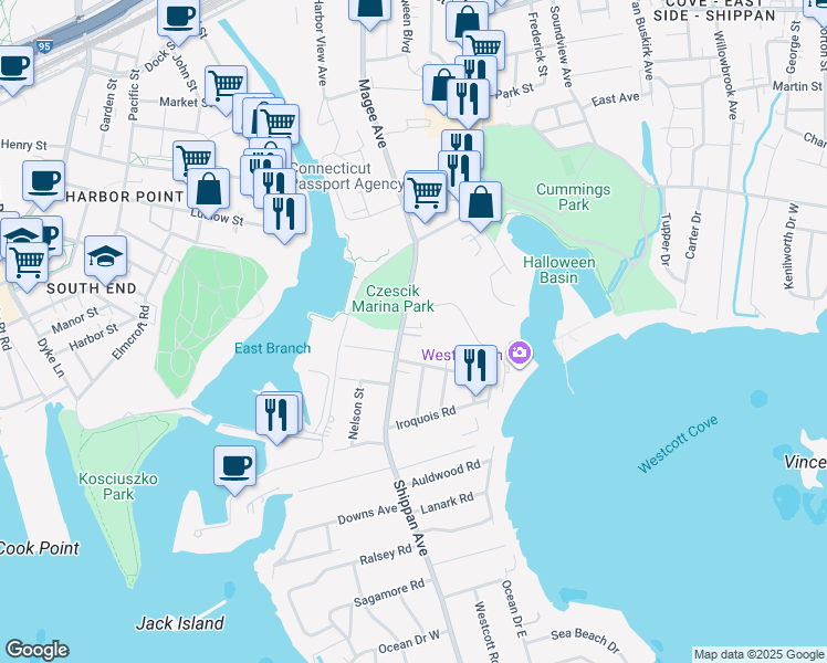 map of restaurants, bars, coffee shops, grocery stores, and more near 892 Shippan Avenue in Stamford