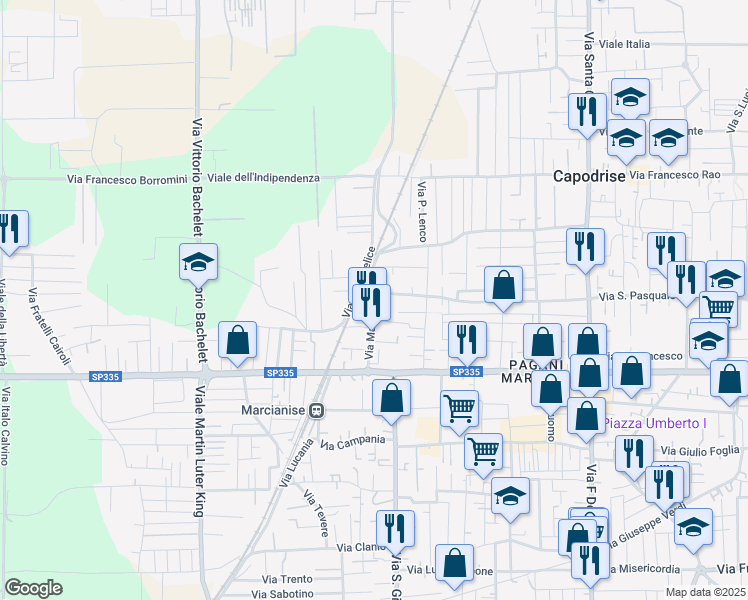 map of restaurants, bars, coffee shops, grocery stores, and more near 112 Via Marte in Marcianise