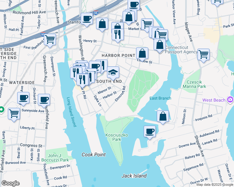 map of restaurants, bars, coffee shops, grocery stores, and more near 38 Belden Street in Stamford