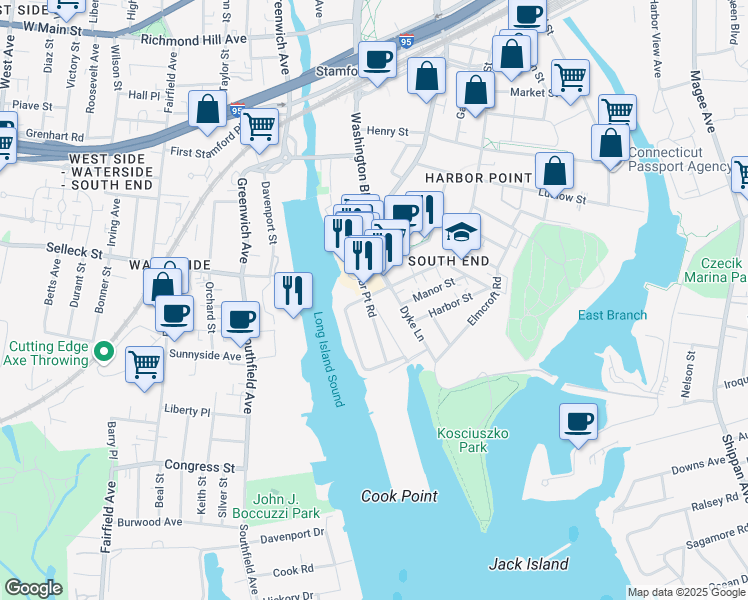 map of restaurants, bars, coffee shops, grocery stores, and more near 31 Washington Boulevard in Stamford