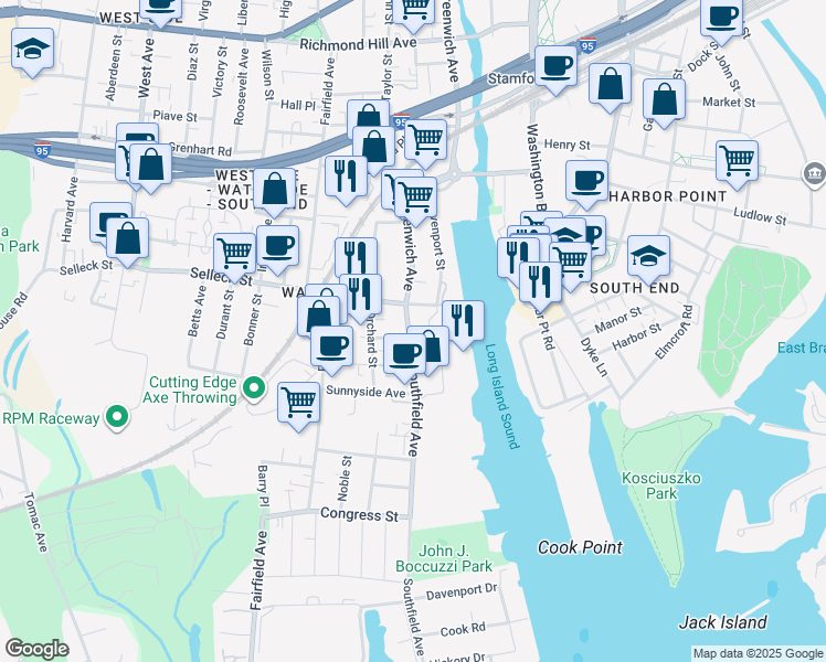 map of restaurants, bars, coffee shops, grocery stores, and more near 21 Southfield Avenue in Stamford