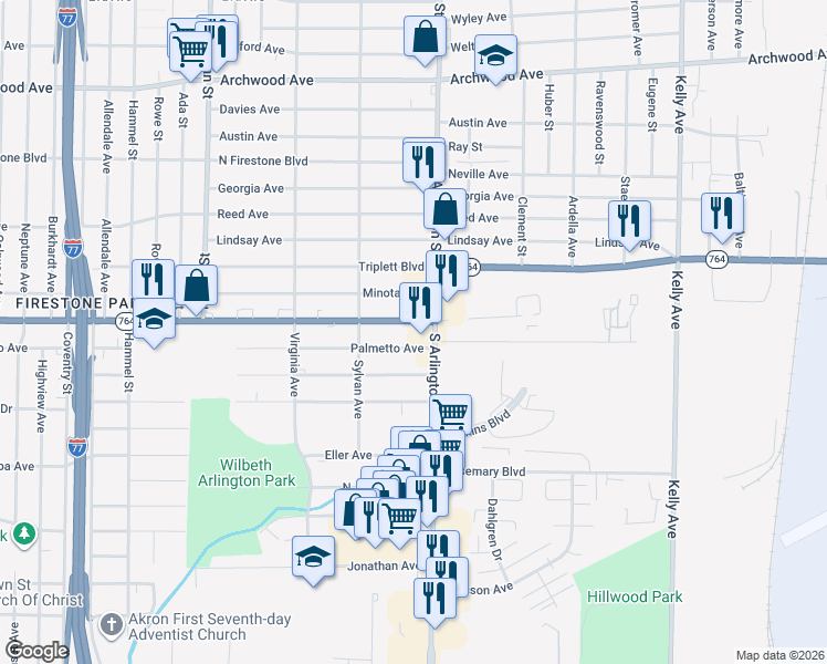 map of restaurants, bars, coffee shops, grocery stores, and more near 953 East Wilbeth Road in Akron