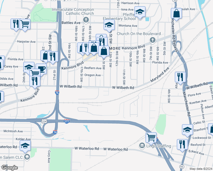 map of restaurants, bars, coffee shops, grocery stores, and more near 2339 14th Street Southwest in Akron