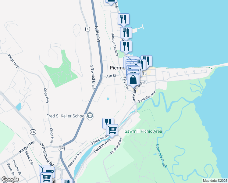 map of restaurants, bars, coffee shops, grocery stores, and more near 57 Piermont Place in Piermont