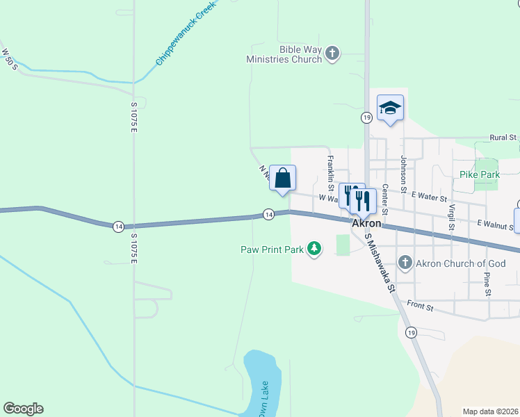 map of restaurants, bars, coffee shops, grocery stores, and more near 11142 Indiana 14 in Akron