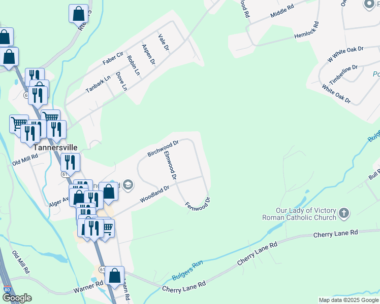 map of restaurants, bars, coffee shops, grocery stores, and more near 5302 Birchwood Drive in Tannersville