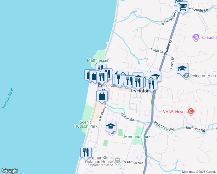 map of restaurants, bars, coffee shops, grocery stores, and more near 18 Main Street in Irvington