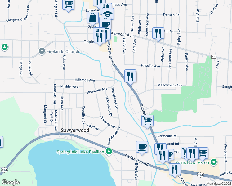 map of restaurants, bars, coffee shops, grocery stores, and more near 873 Shadybrook Drive in Akron