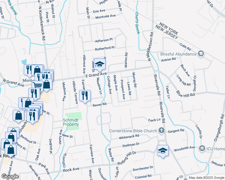 map of restaurants, bars, coffee shops, grocery stores, and more near 12 Maple Avenue in Montvale