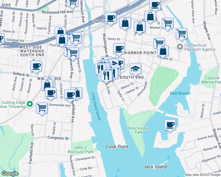 map of restaurants, bars, coffee shops, grocery stores, and more near 850 Pacific Street in Stamford