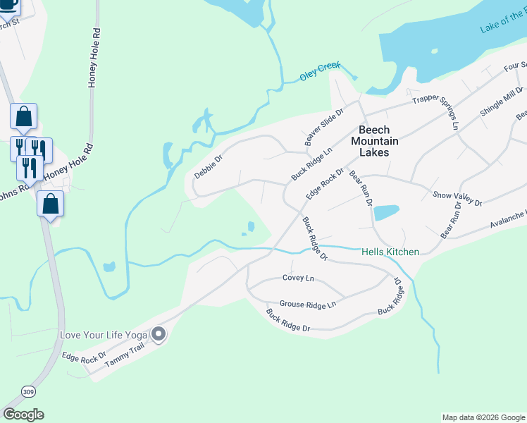 map of restaurants, bars, coffee shops, grocery stores, and more near 112 Buck Ridge Ln in Luzerne
