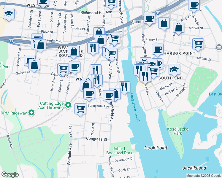 map of restaurants, bars, coffee shops, grocery stores, and more near 21 Southfield Avenue in Stamford