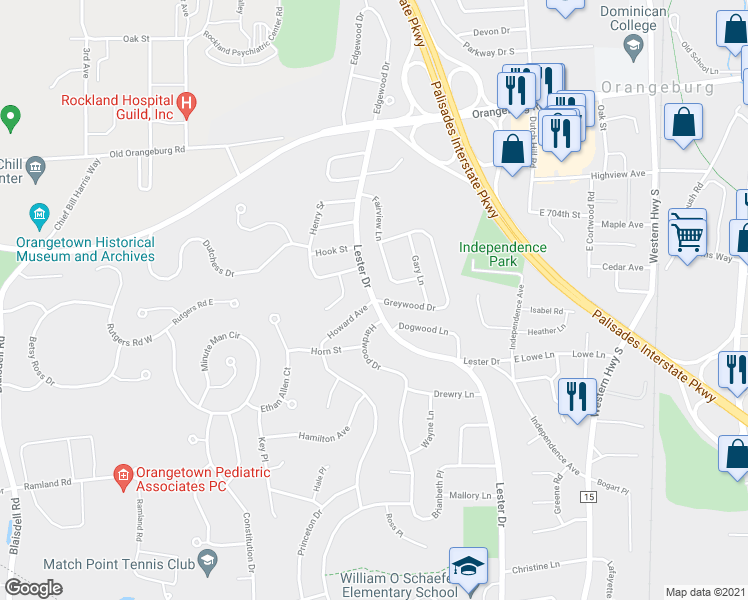 map of restaurants, bars, coffee shops, grocery stores, and more near Lester Drive & Greywood Drive in Orangeburg
