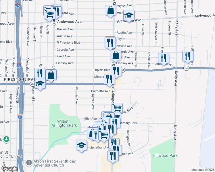 map of restaurants, bars, coffee shops, grocery stores, and more near 953 East Wilbeth Road in Akron