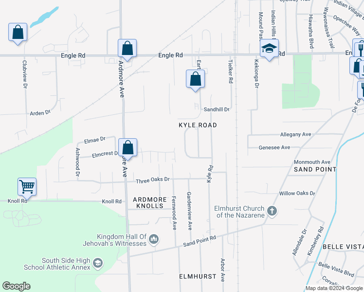 map of restaurants, bars, coffee shops, grocery stores, and more near 4710 West Cedar Crest Circle in Fort Wayne