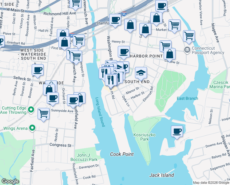 map of restaurants, bars, coffee shops, grocery stores, and more near 31 Washington Boulevard in Stamford