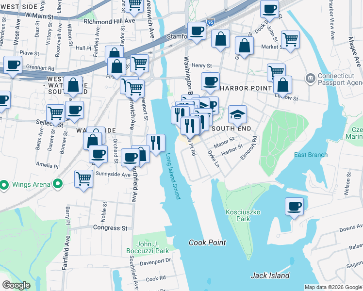 map of restaurants, bars, coffee shops, grocery stores, and more near 1 Harbor Point Road in Stamford