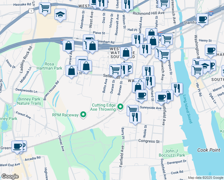 map of restaurants, bars, coffee shops, grocery stores, and more near 31 Durant Street in Stamford